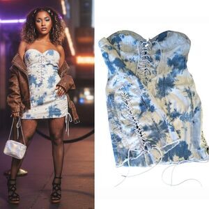 CLUB EXX Lovesick Blue White Acid Wash Lace Up Strapless Mini Jean Dress 2X